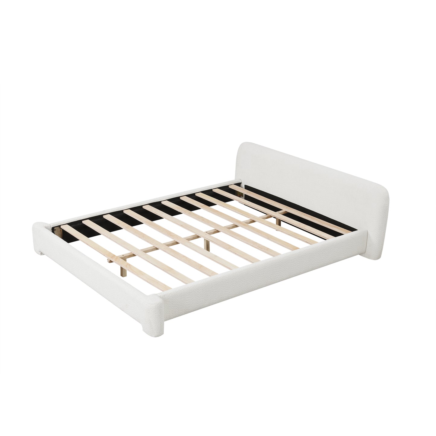 White Boucle Upholstered Queen Bed — Low-Profile