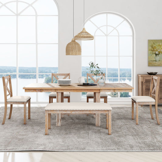 TOPMAX 6-Piece Extendable Farmhouse Dining Set with Bench – Natural