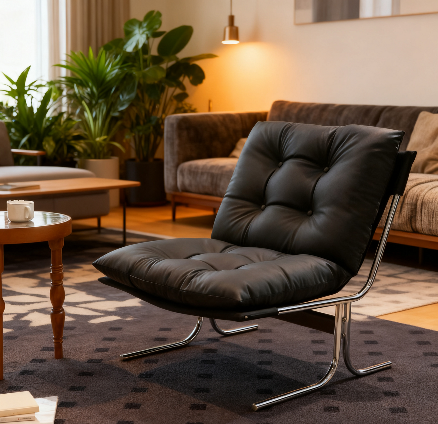 Leather Armchair, Modern Accent Chair High Back, Living Room Chairs with Metal Legs and Soft Padded, Sofa Chairs for Home Office,Bedroom,Dining Room (Black-1pc)