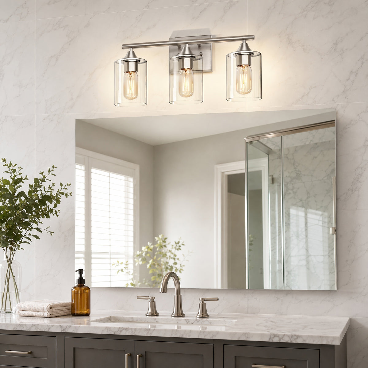 3-Light Vanity Light with Clear Glass — Brushed Nickel