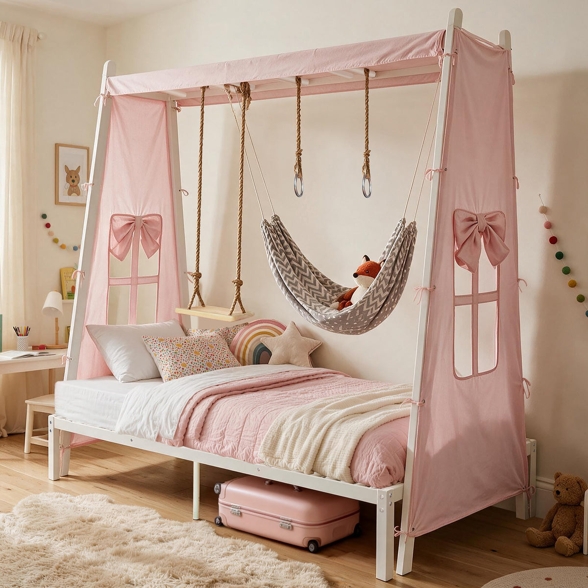 Kids House Bed with Tent & Swing (Twin) — White & Pink