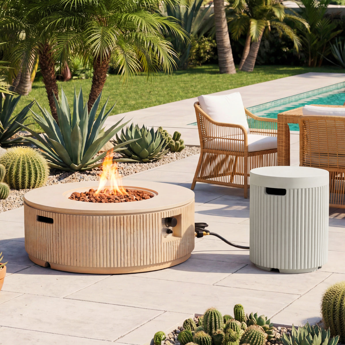 Fluted Round Fire Pit & Tank Cover Table Set — 38"