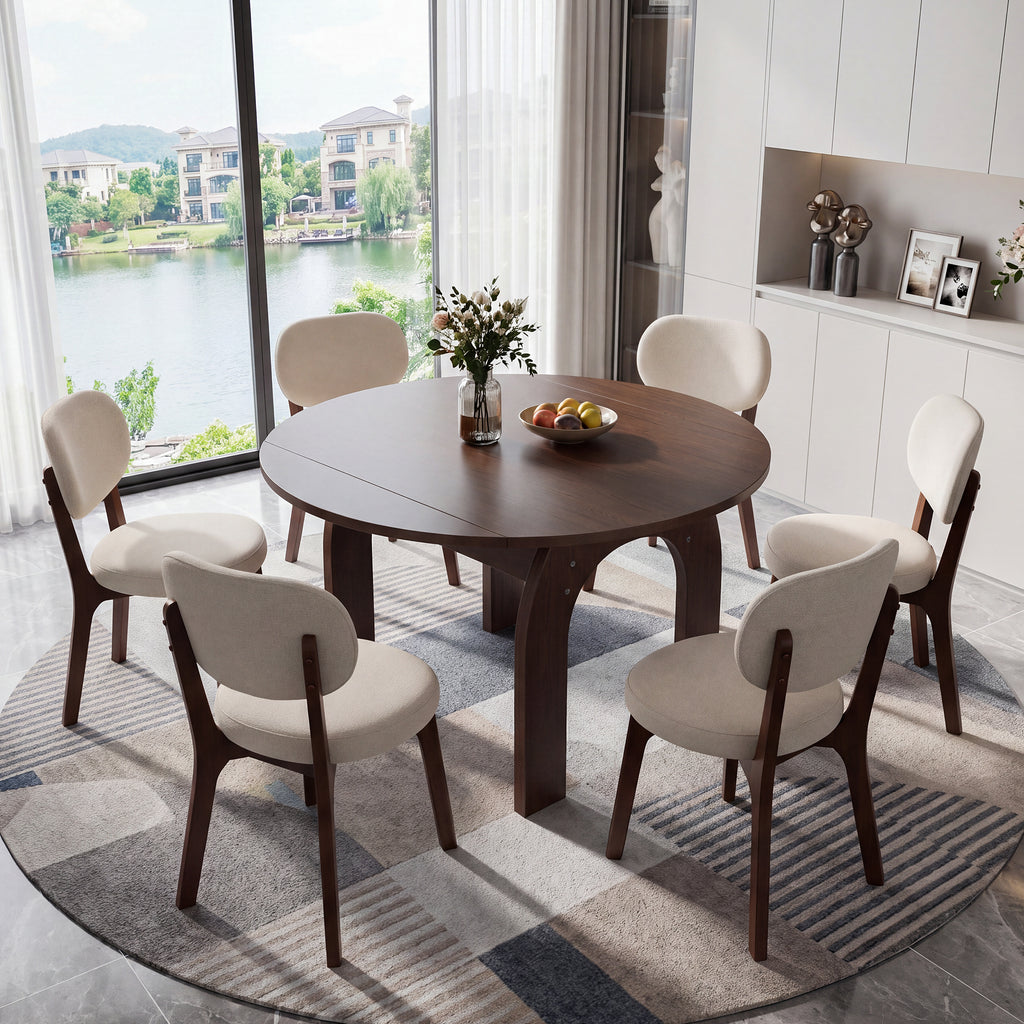 Extendable Dining Set — 7-Piece, Walnut & Beige