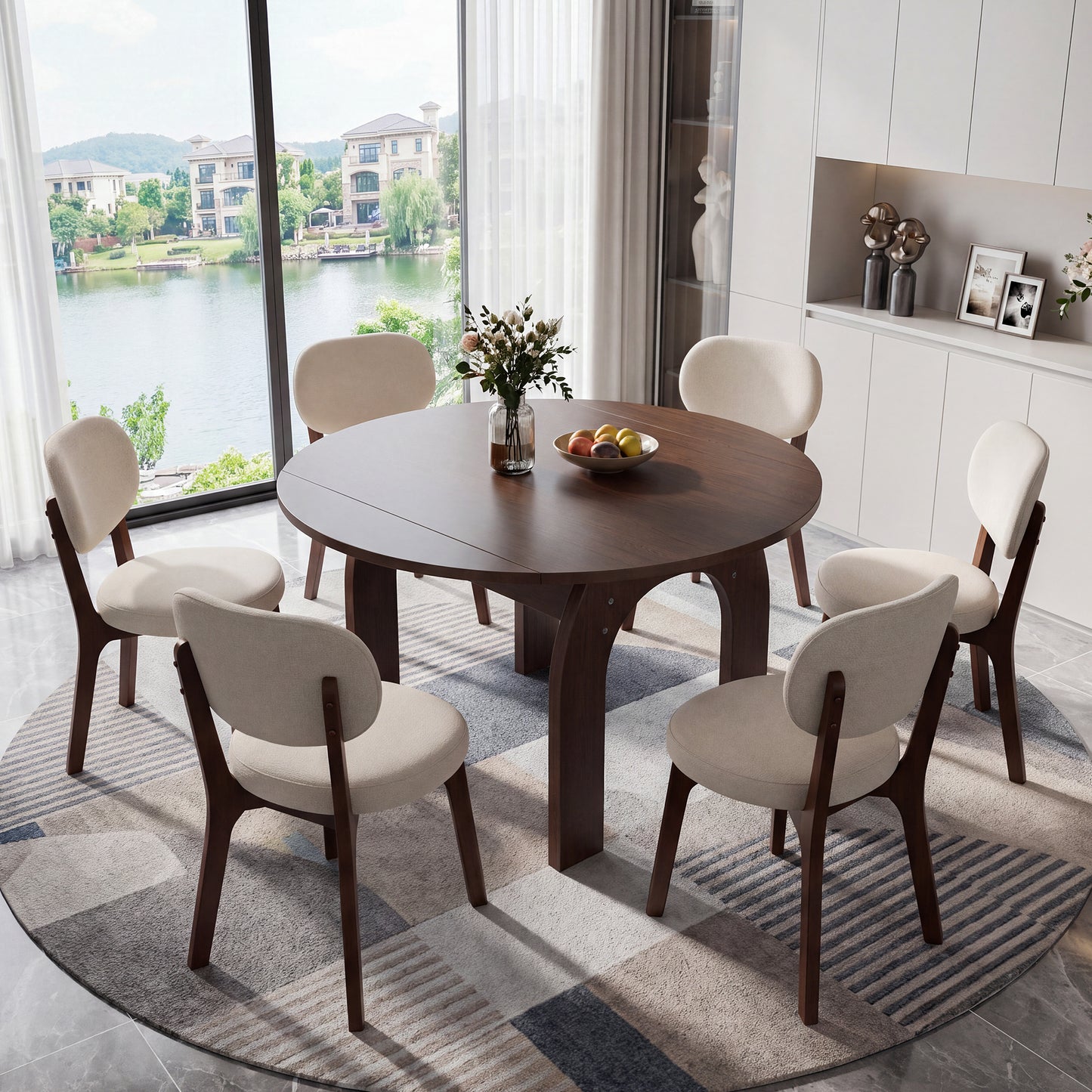 51.2' Solid Wood Extendable Dining Table Set with 6 Upholstered Chairs, 7 Piece Farmhouse Dinner Set with Walnut Finish & Arch Legs, Drop Leaf Converts Oval to Round for Small Spaces, Easy Assembly