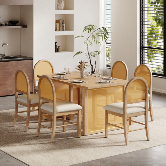 TREXM 7-Piece Farmhouse Dining Set – Oak Veneer & Rattan (Natural)