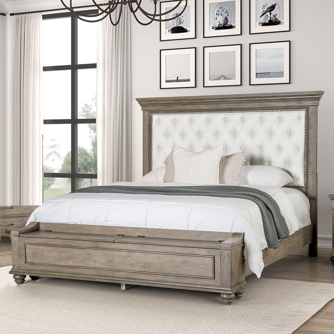 Traditional 1pc King Size Bed Aged Oak FB Bench w Storage Bedroom Furniture Beige Padded Fabric HB