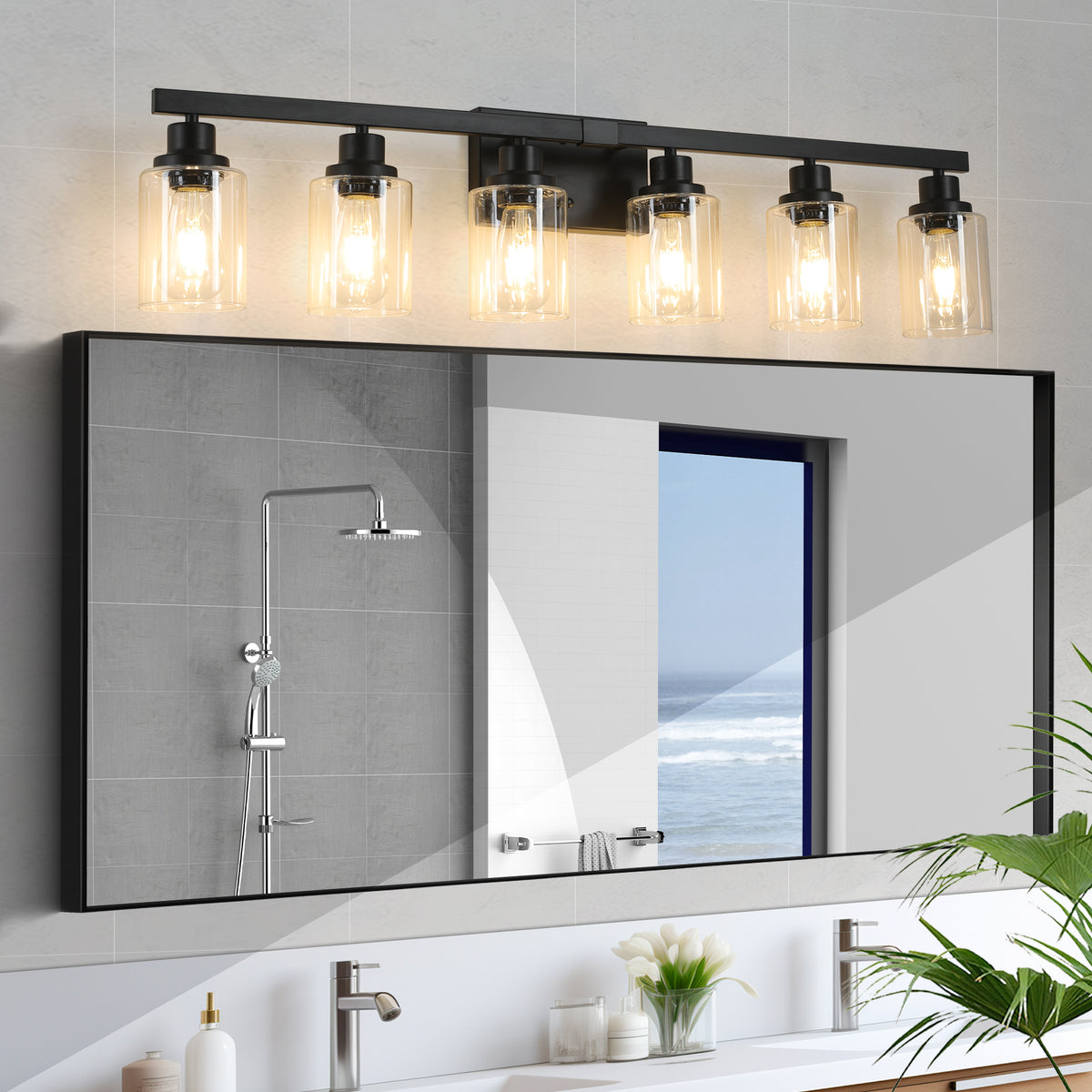 Modern 6-Light Vanity Light with Clear Glass — 37", Black