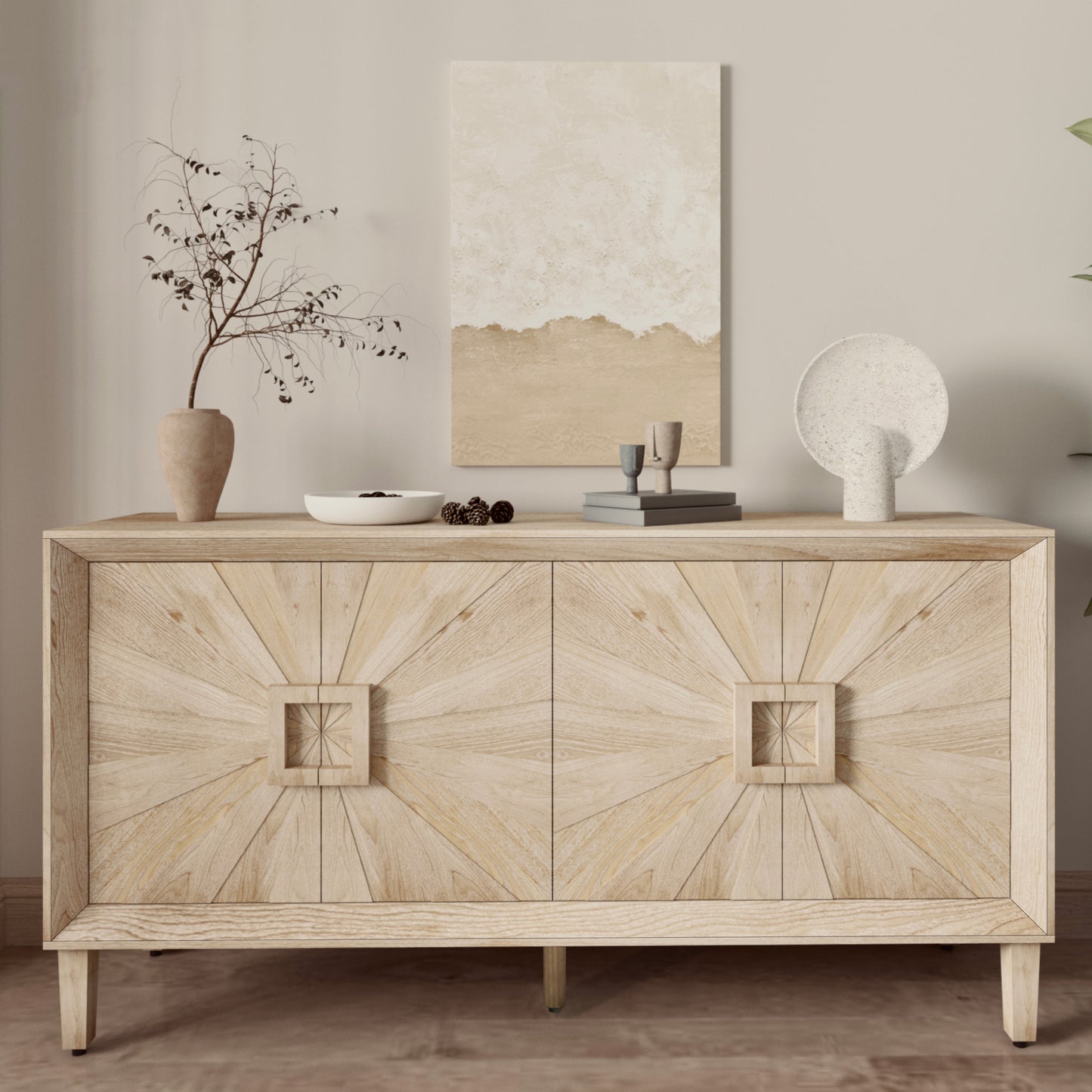 60'' Premium Rustic American Farmhouse Credenza - Symmetrical Sunburst Door Design, Heavy-Duty Antique Wood TV Stand with Adjustable Shelves, Storage Cabinet for Living Room/Kitchen (Antique Natural)