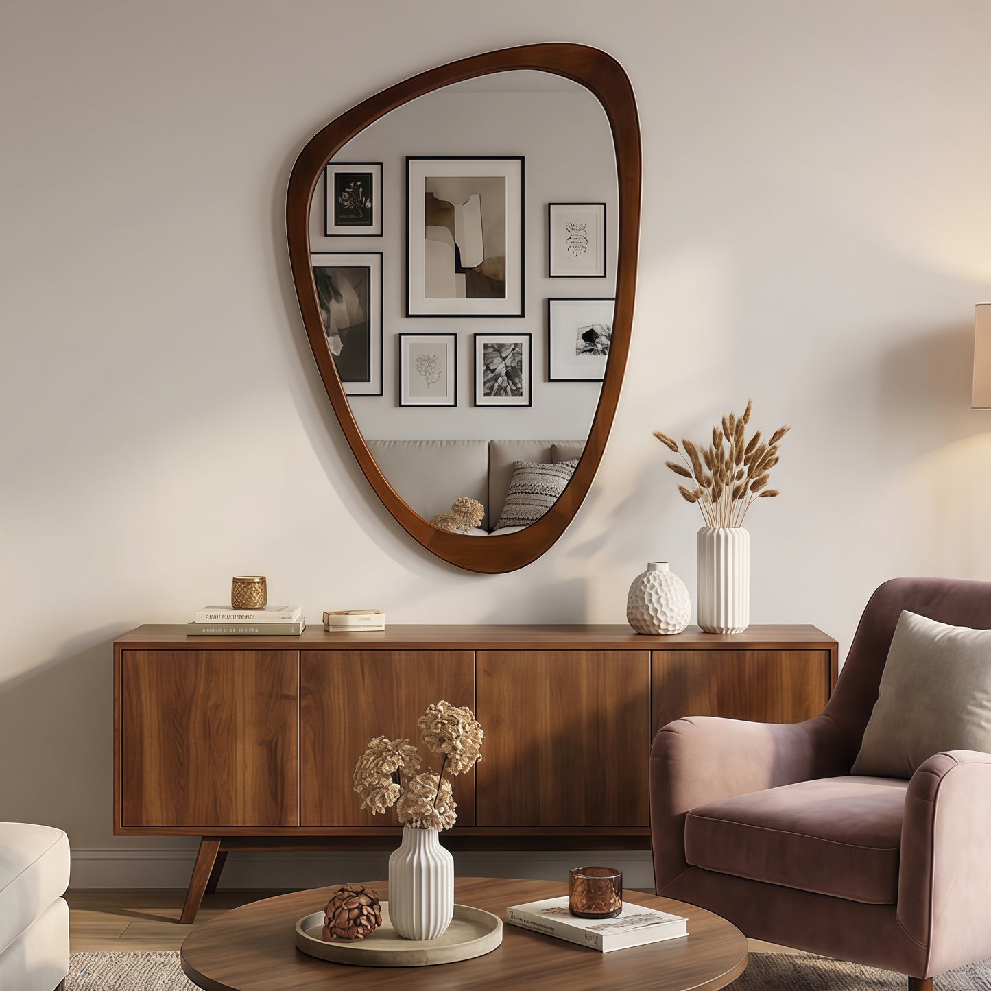Black Walnut Wood Color 24'x36' Irregular Solid Wood Frame Decorative Mirror,For Bedroom, Bathroom, Living Room, Entryway