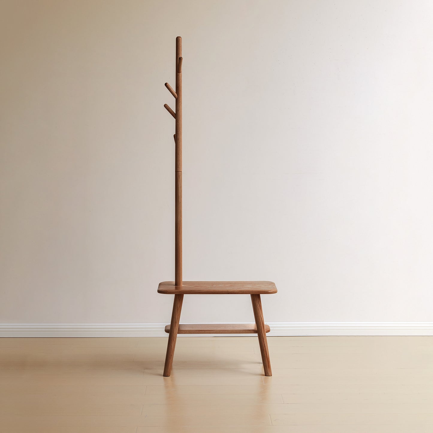 Natural Solid Wood Storage Bench with Coat Hanger – Mid-Century