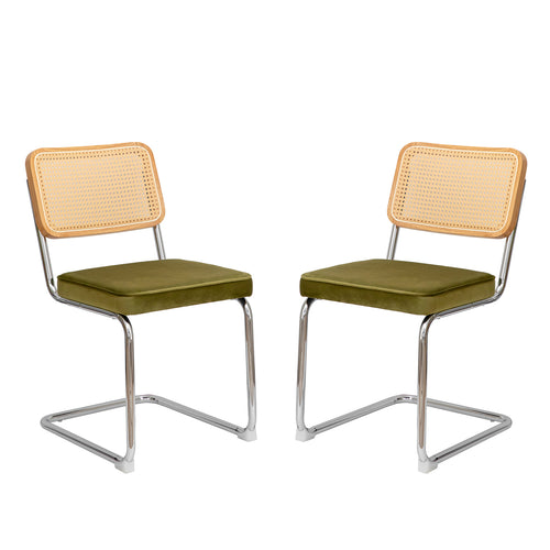 Breuer Dining Chairs — Rattan & Velvet, Olive, Set of 2