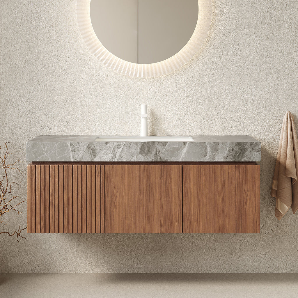 MURI Floating Bathroom Vanity with Stone Top — 48", Brown Oak