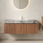 MURI Floating Bathroom Vanity with Stone Top — 48", Brown Oak