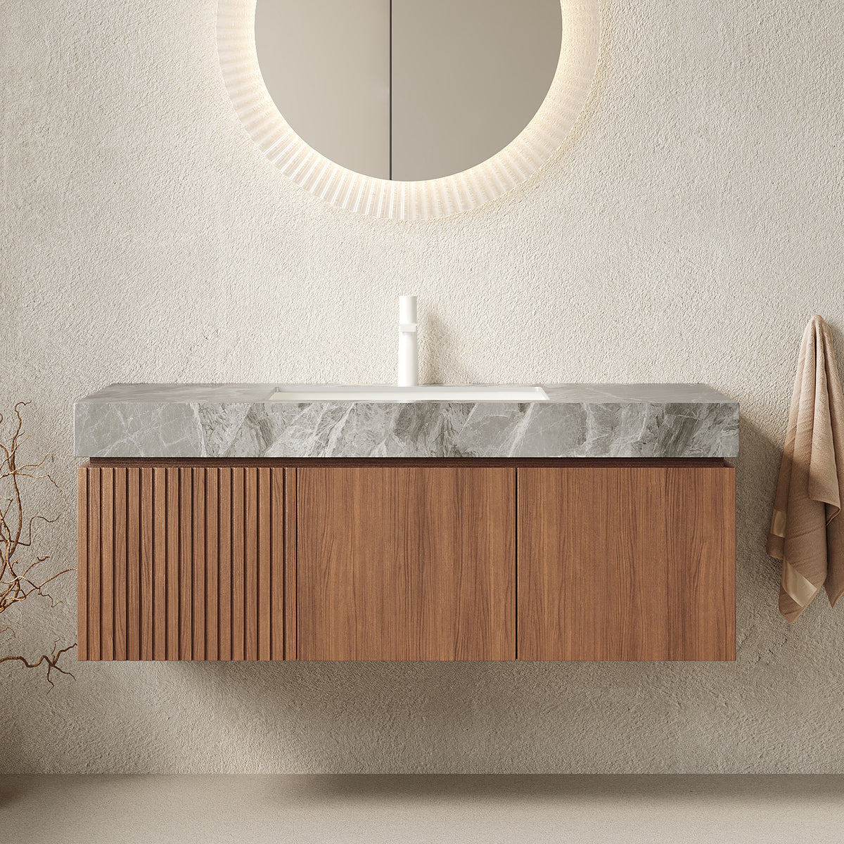 MURI Floating Bathroom Vanity with Stone Top — 48", Brown Oak