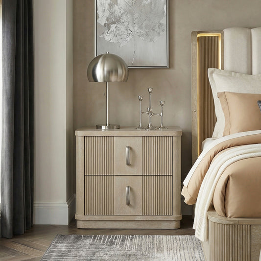 Fluted Wood 2-Drawer Nightstand – Light Brown Finish