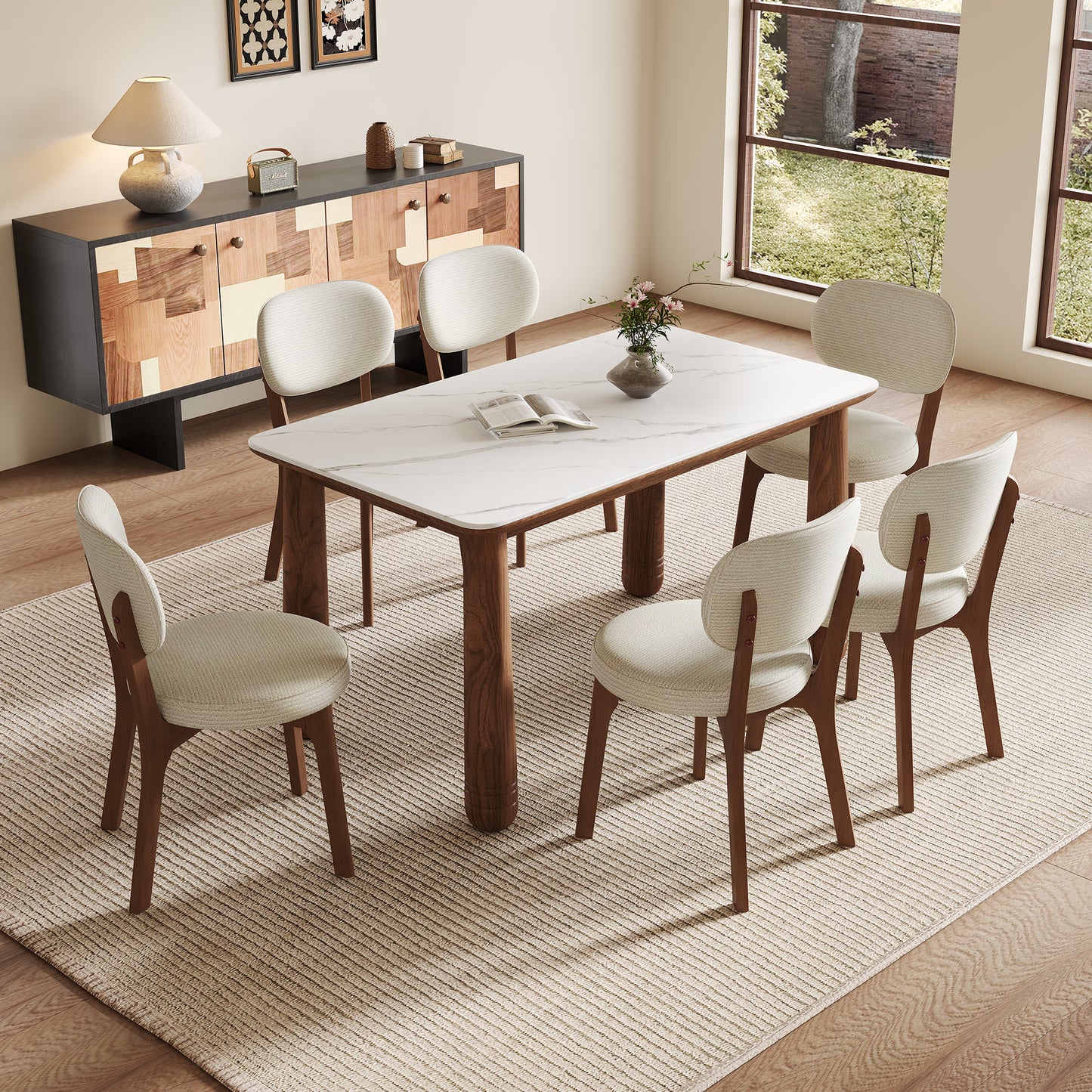 63' Sintered Stone Dining Table Set with 6 Upholstered Chairs, Farmhouse Dinner Table Set of 7 Piece with White Stone Top & Solid Wood Walnut Frame, Beige Chenille Seats, Heavy-Duty Support up to 1000