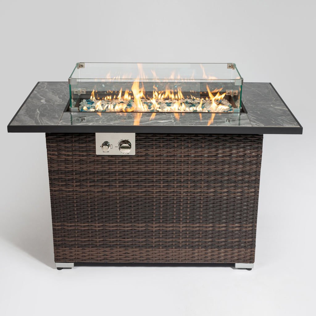 Wicker & Tile Fire Pit Table — 44", Brown