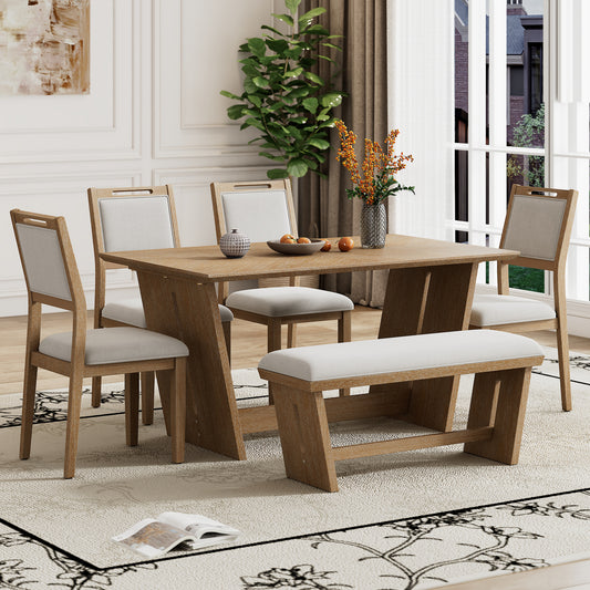 TREXM 6-Piece Retro Dining Set with Bench – Natural Wood