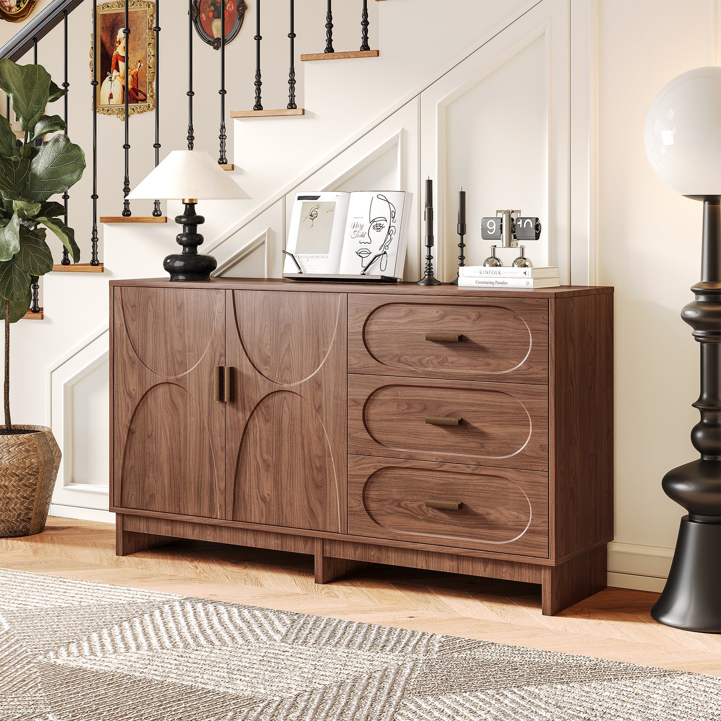 59.1' Buffet Sideboard with 2 Doors and 3 Drawers, Walnut Finish with Oval Grain Texture, Farmhouse Storage Cabinet for Dining Room Living Room Hallway, Large Space Accent Furniture, Easy Assembly