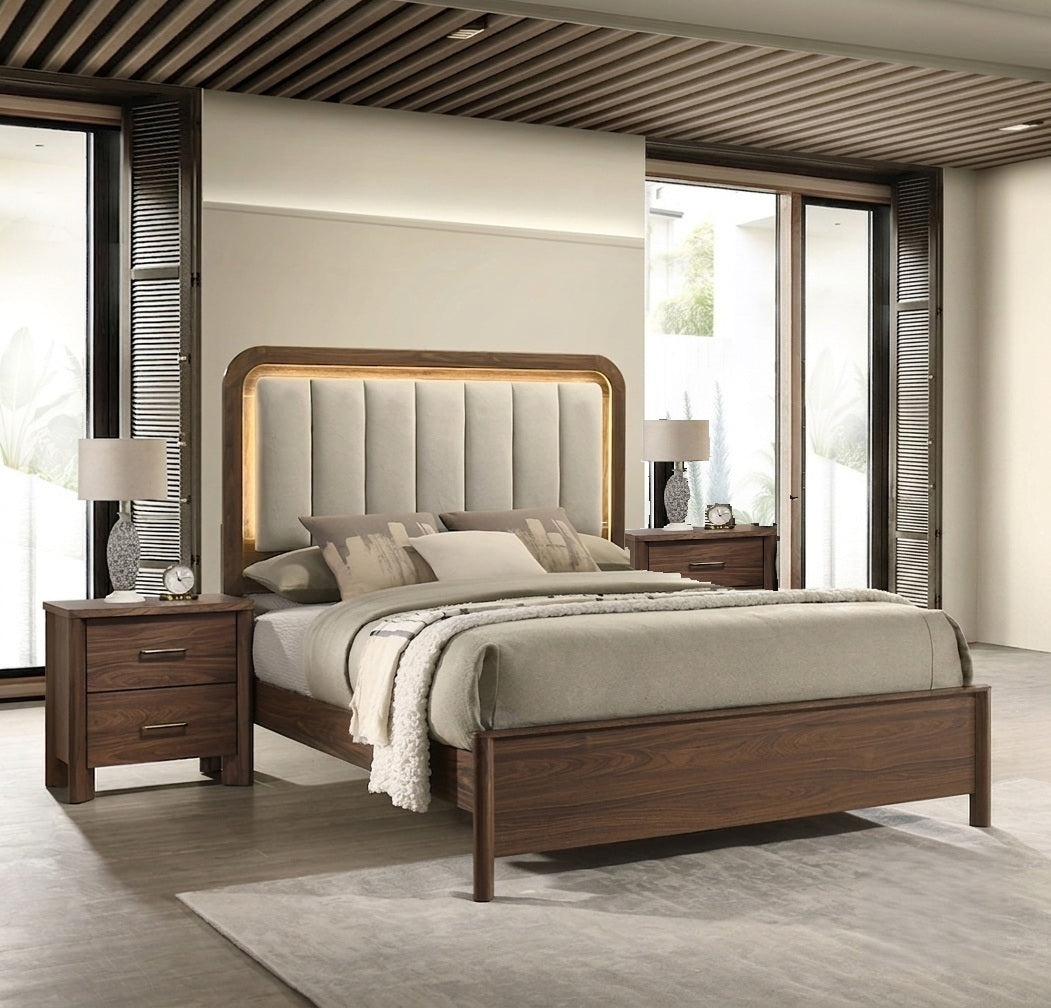 Walnut Gorgeous Eastern King Size Bed Nightstands Set Panel Bed HB w LED Warm Light Bedroom Set 3pc