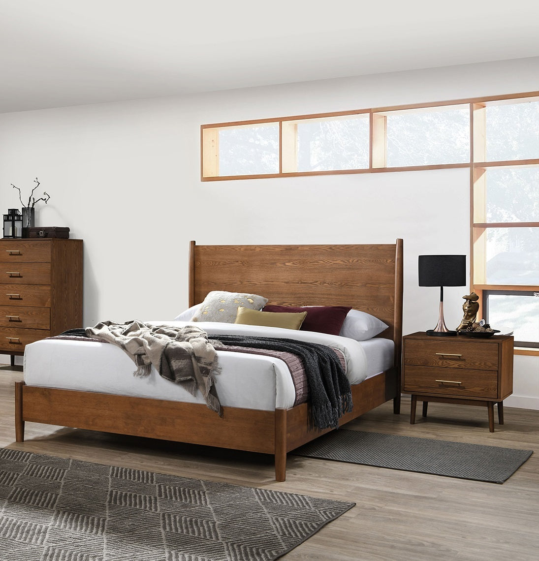 Walnut Color Panel Headboard 3pc Bedroom Set Full Size Bed 2x Nightstands Wooden Mid-Century Modern Style