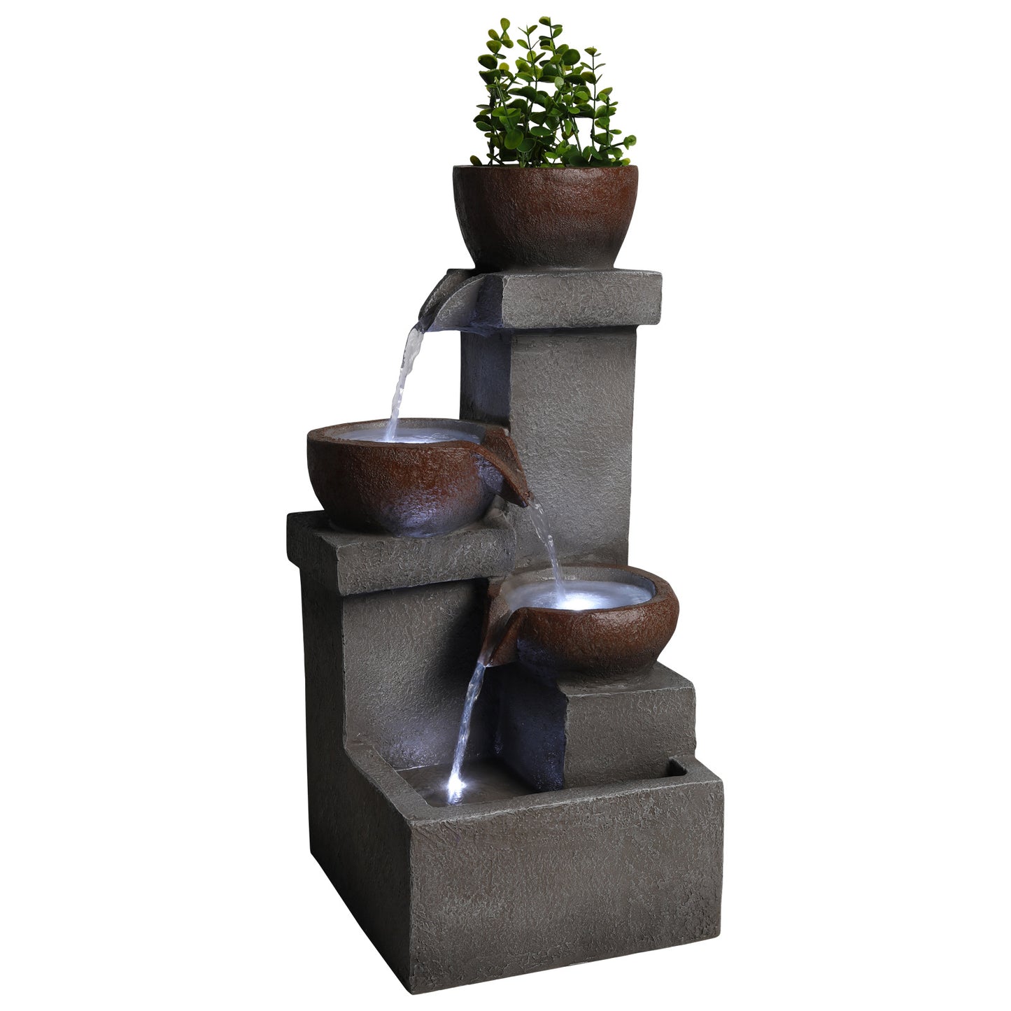 LED-Lit Rock Waterfall Fountain - Gray Resin Outdoor Water Feature for a Tranquil Garden Ambiance