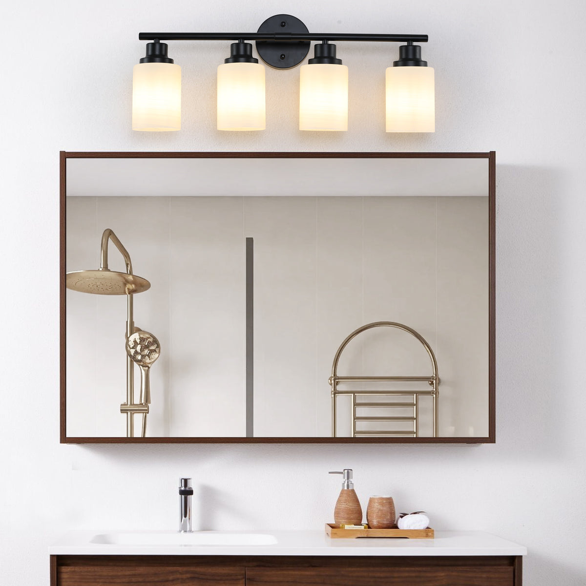Modern 4-Light Vanity Light with Frosted Glass — 24", Black