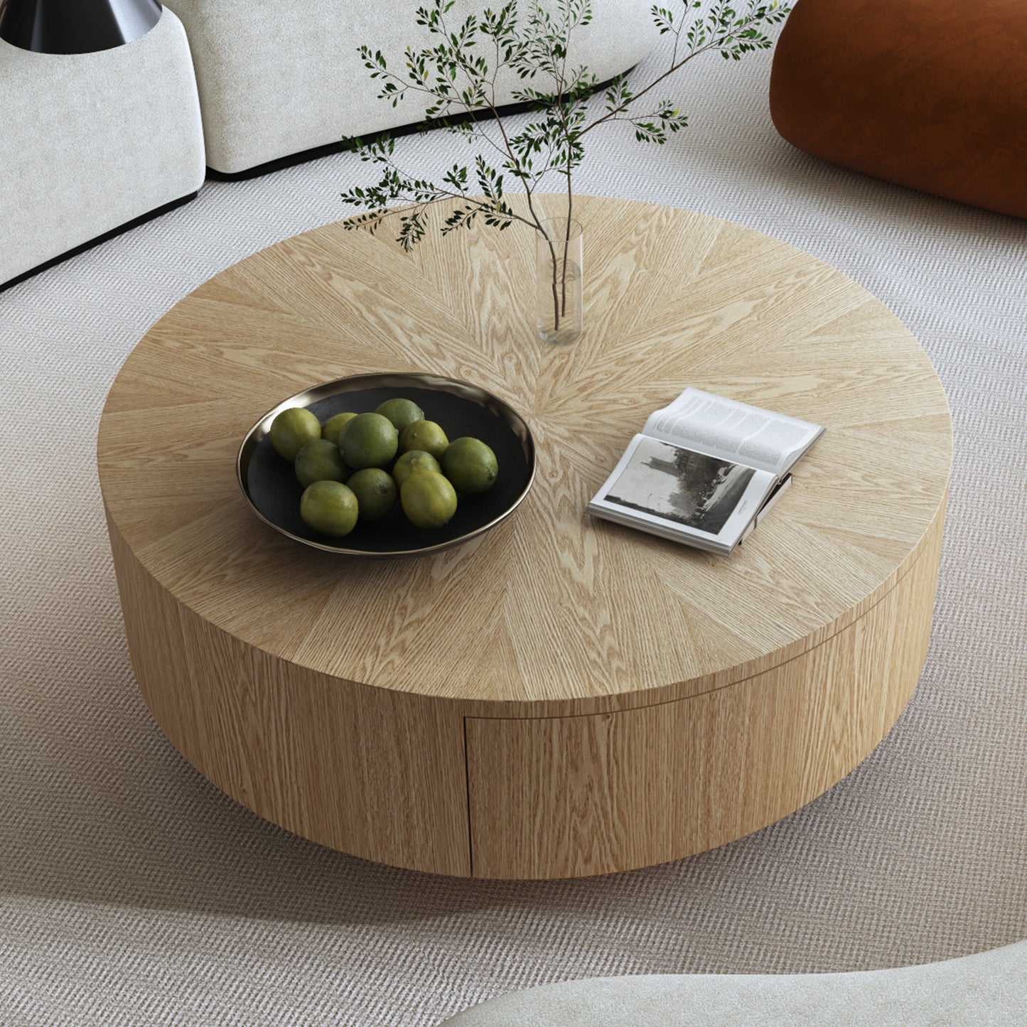 35.4' Round Wood Coffee Table with Ash Veneer for Living Room,  2 Drawers  Storage for Small Spaces
