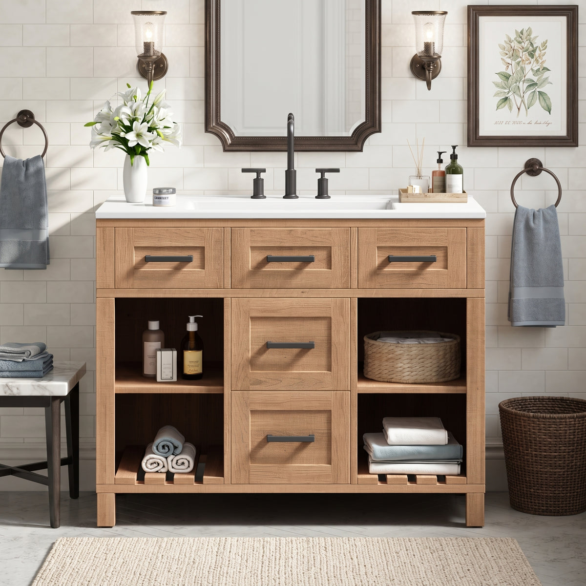 Open-Shelf Bathroom Vanity — 36", Natural Wood