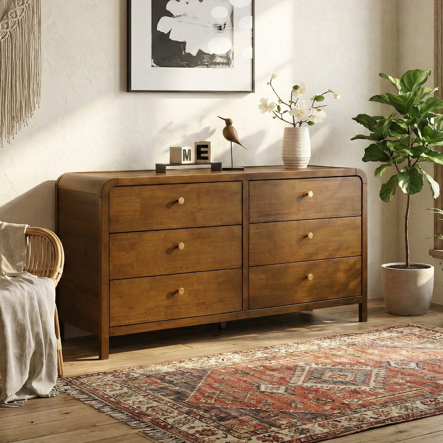 Eldren 6-Drawer Wood Dresser with Solid Rubberwood Frame, Walnut Finish