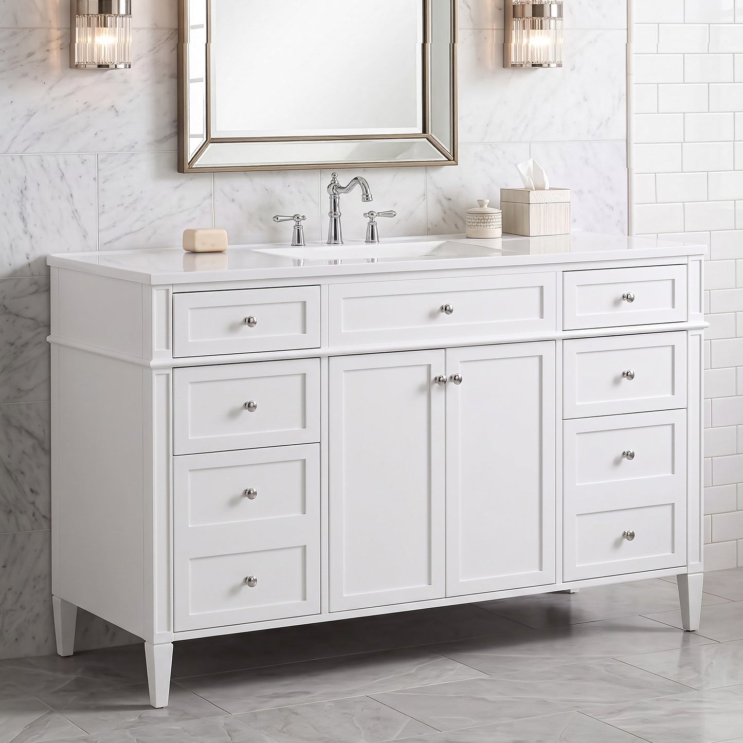 48 Inch Bathroom Vanity with Sink Top, Freestanding MDF Vanity Cabinet with 6 Drawers and 2 Doors, White Vanity Set with Composite Basin, Soft Close Hinges and Silver Metal Handles