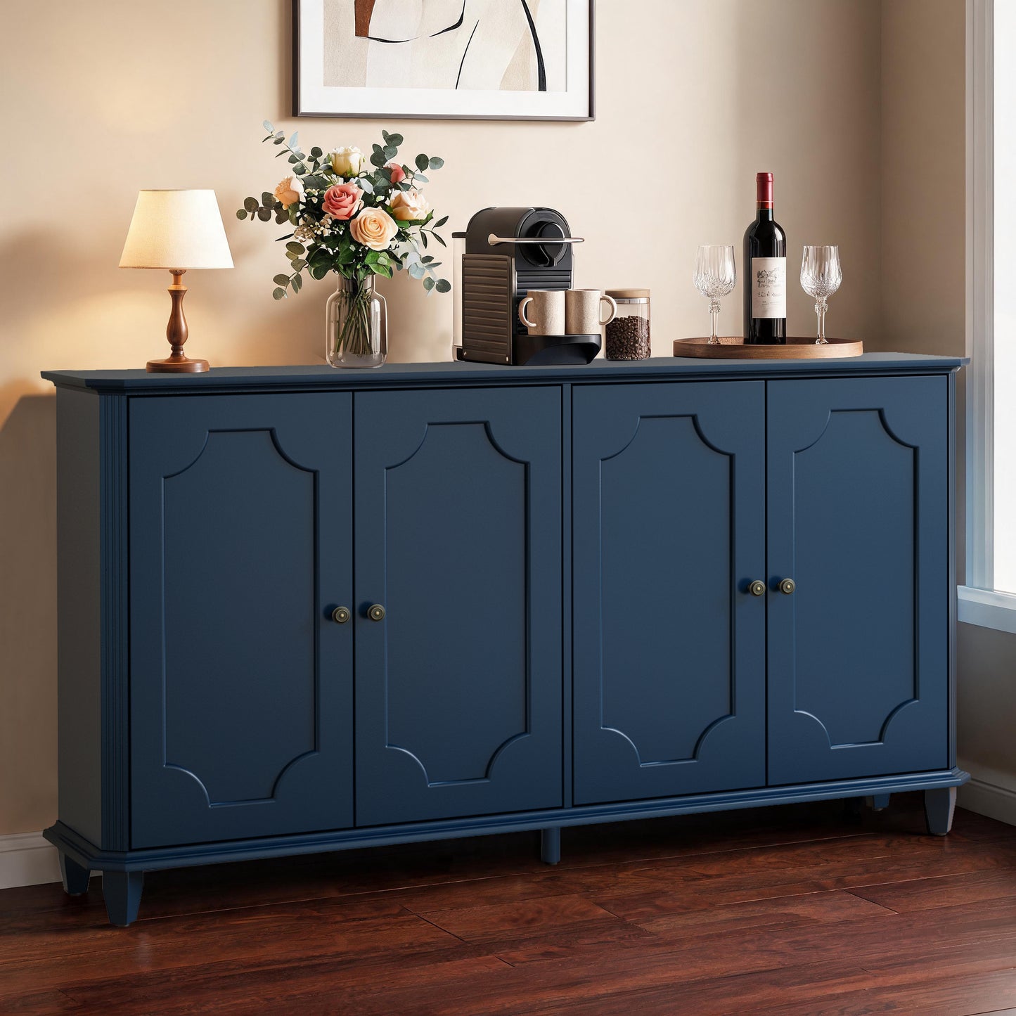 Blue Farmhouse Sideboard Buffet Cabinet, 4 Door Vintage Storage Credenza with Decorative Curved Raised Panel Doors, Wide Closed Storage Accent Console Cabinet for Entryway, Living Room, Kitchen