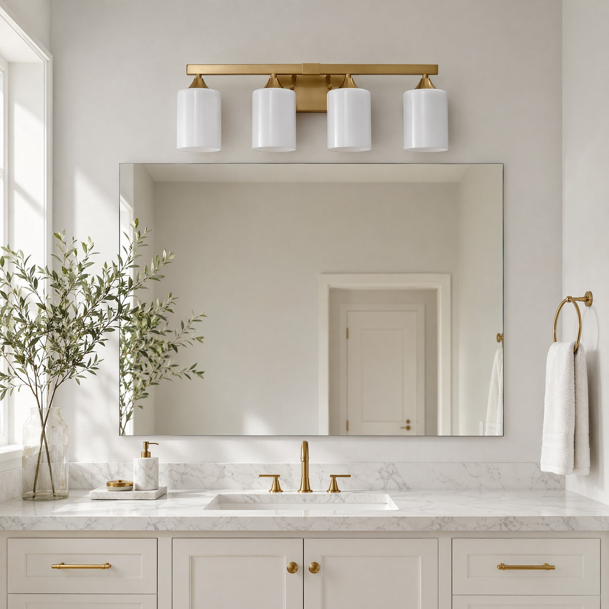 Modern 4-Light Vanity Light with Frosted Glass — Brushed Gold