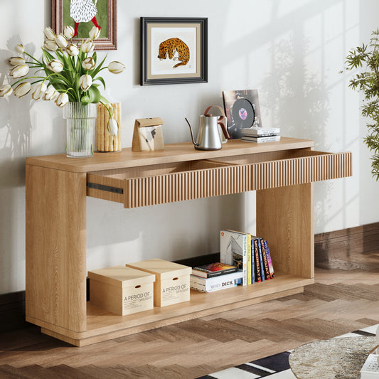 60" Modern 2-Drawer Fluted Console Table – Natural Wood