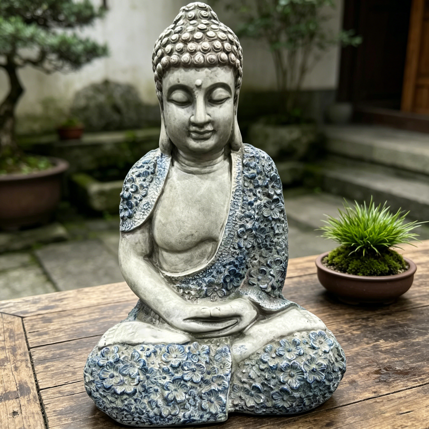 16'' Weatherproof Resin Buddha Garden Statue, Blue Floral Accent Meditating Buddha Figurine, Outdoor Zen Decor for Patio, Yard, Lawn & Landscape