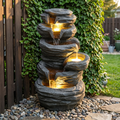 Stacked Stone Waterfall Fountain with Lights — Gray