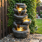 Stacked Stone Waterfall Fountain with Lights — Gray