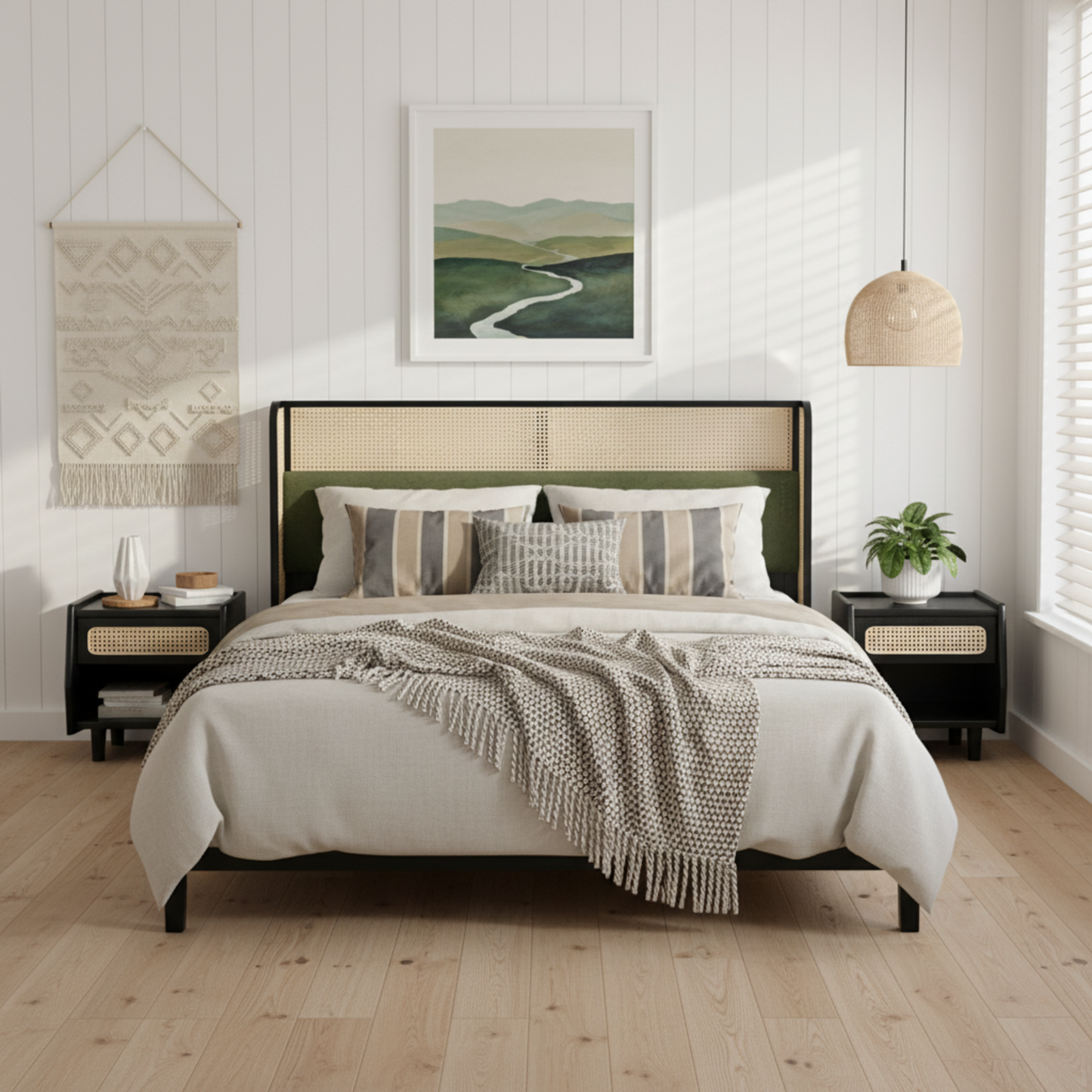 Queen Bed Frame – Green Headboard, Black Solid Wood