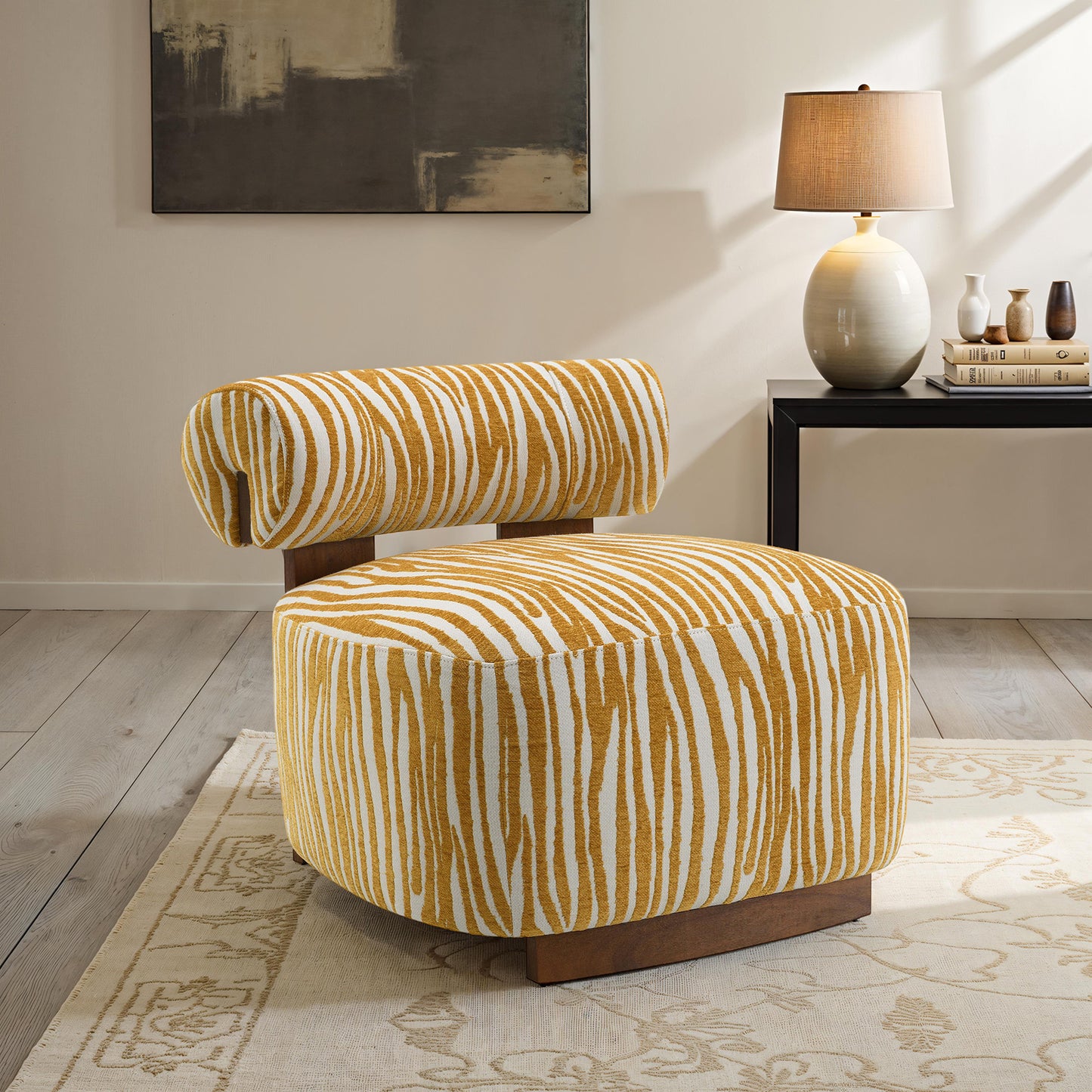 Contemporary Style 1pc Accent Chair Cylindrical Backrest High Density Foam Zebra Strip Fabric Yellow Finish Primary Living Room