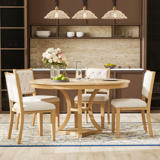 TREXM 5-Piece Retro Extendable Round Dining Set – Natural
