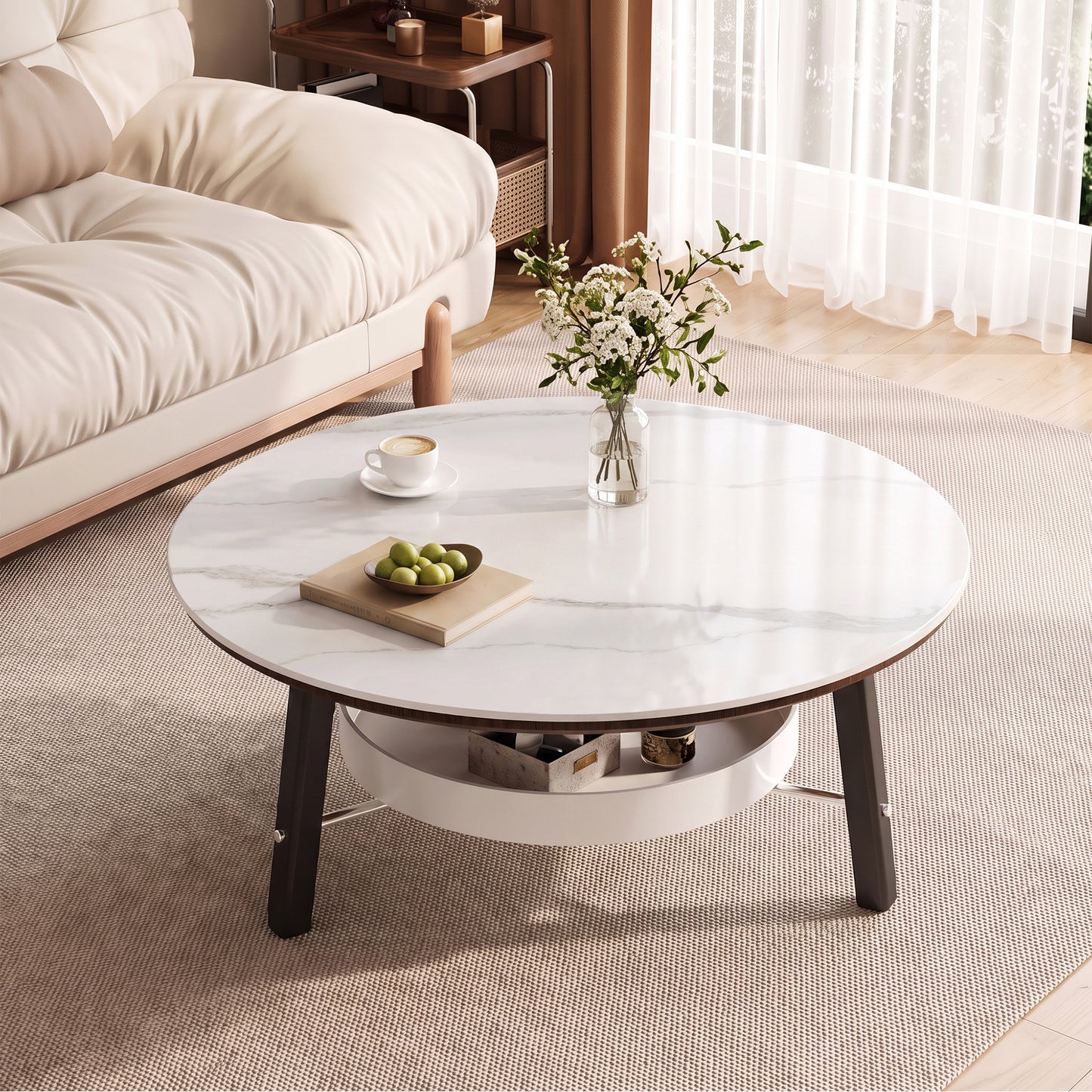 35.43' Round Sintered Stone Coffee Table with Storage Shelf, Black Solid Wood Legs, Modern Minimalist Center Table for Living Room, Farmhouse Accent Furniture for Small Spaces, Easy Assembly