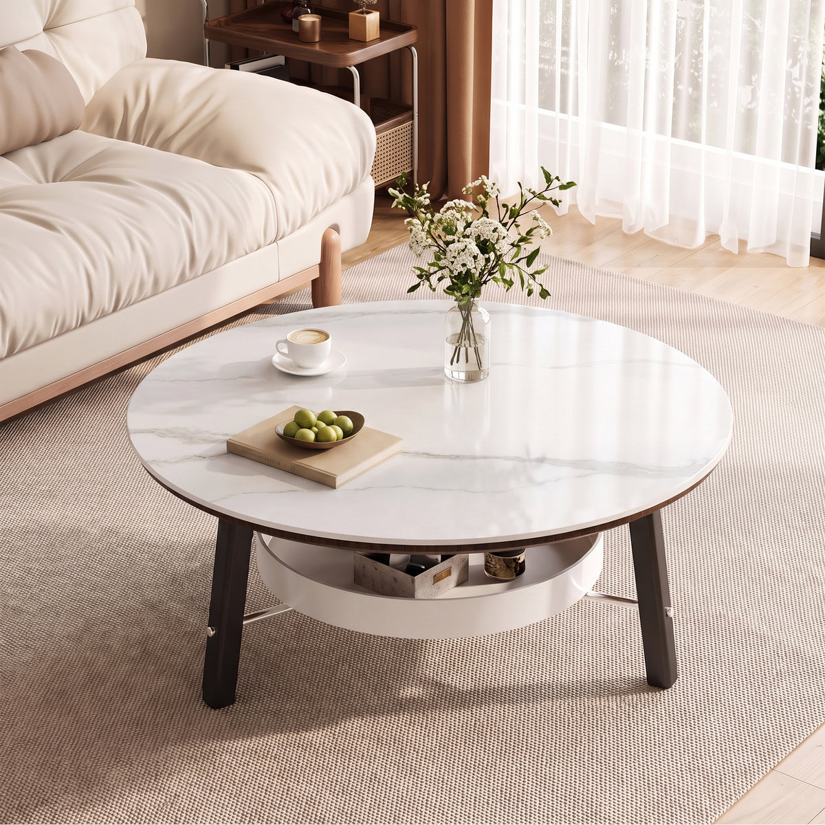 Round Sintered Stone Coffee Table — 35", White & Black