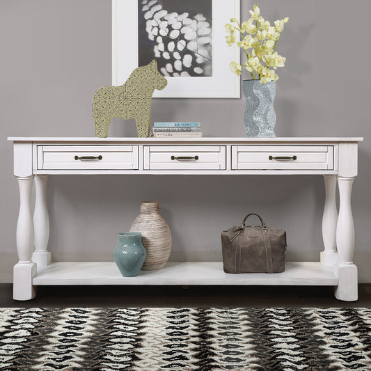 63" Wood Console Table with 3 Drawers & Shelf – Antique White