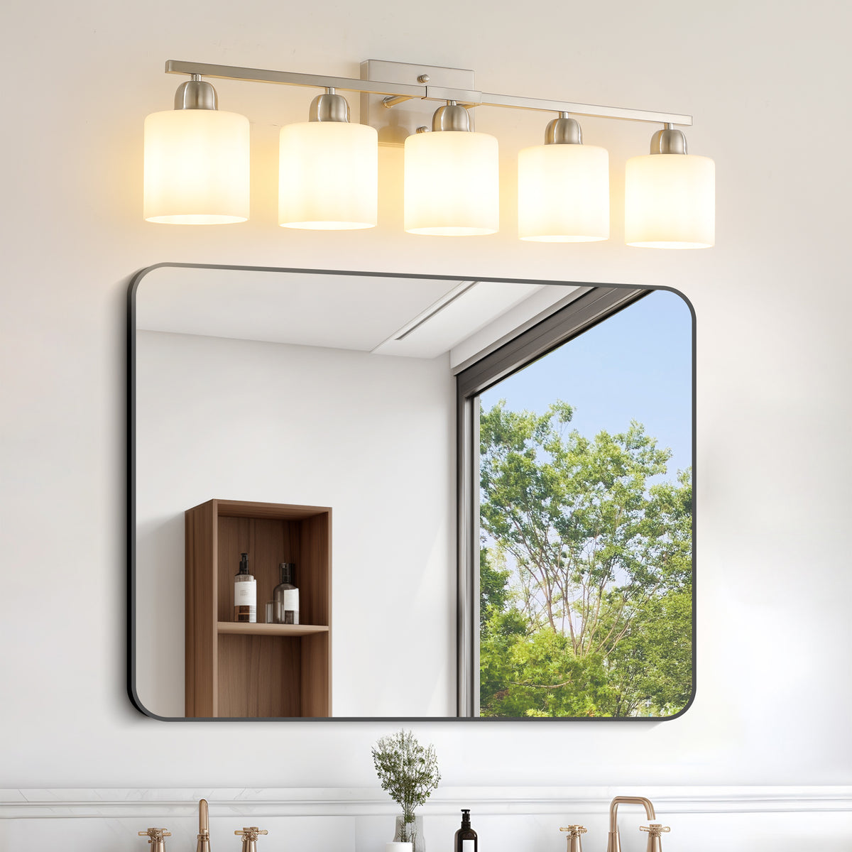 Modern 5-Light Vanity Light with Frosted Glass — Brushed Nickel