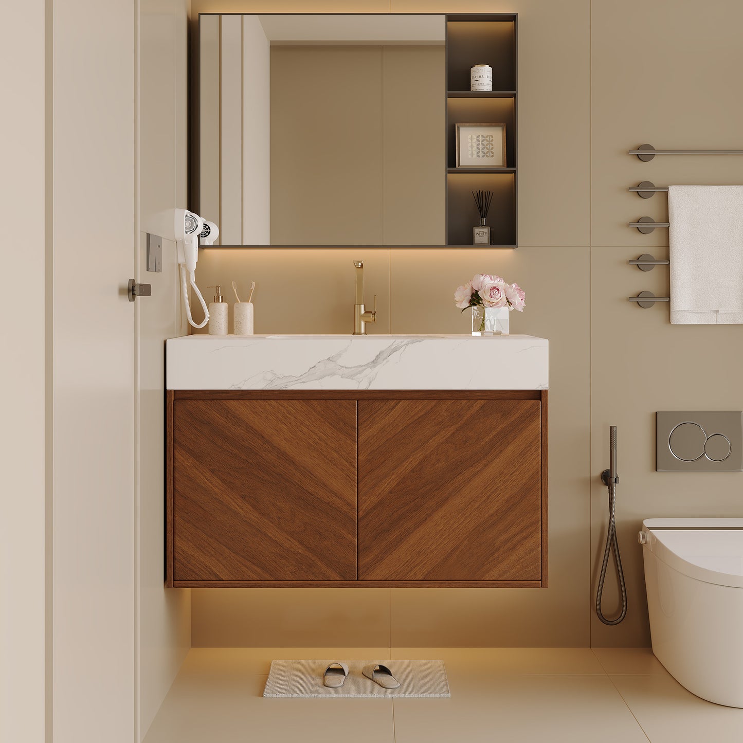 30' Modern Wall-Mounted Bathroom Vanity with Ceramic Sink – Brown Oak, Soft-Close