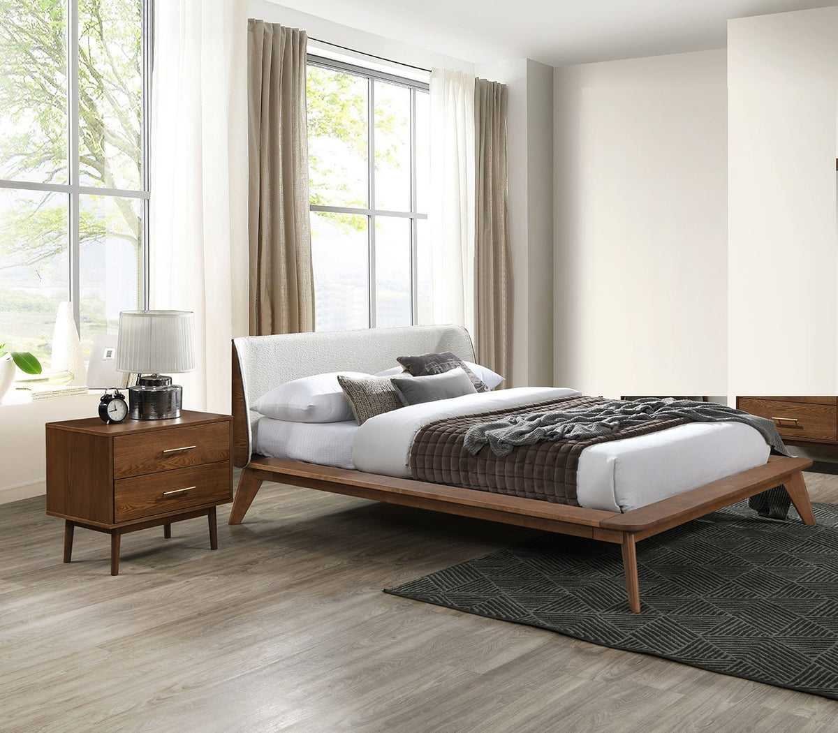 Wingback Bedroom Set — Queen, 3-Piece, Walnut & Beige