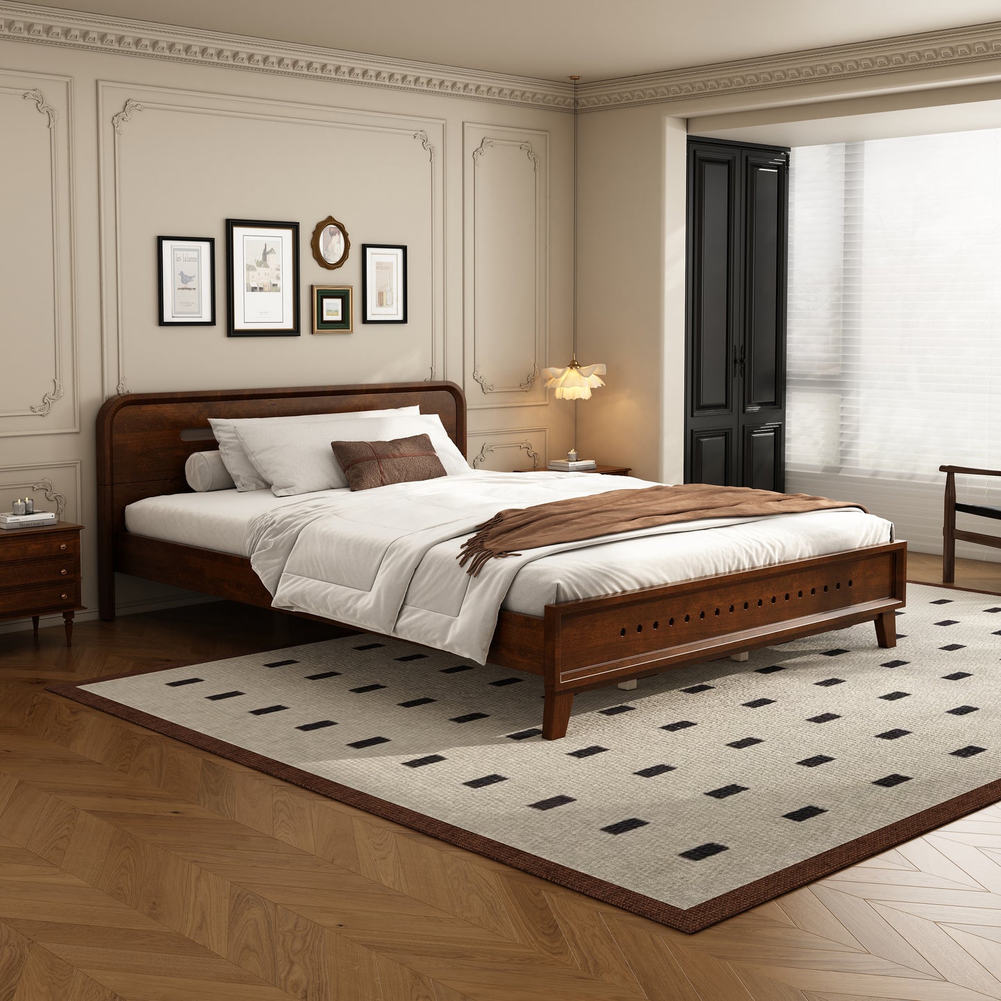 Pine Solid Wood Queen Bed – Dark Walnut