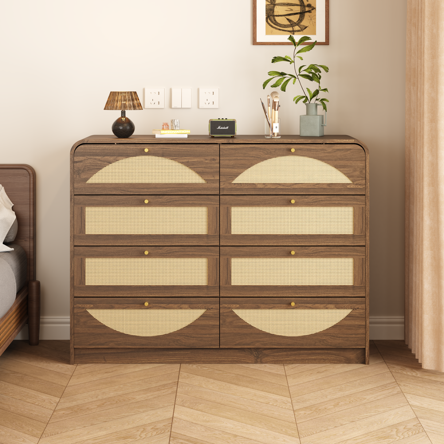 Walnut Finish 8‑Drawer Dresser with Rattan Front, Wide Particle Board Chest of Drawers, Modern Wooden Storage Cabinet for Bedroom Living Room