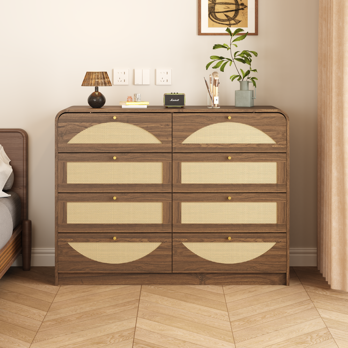 Rattan Eight-Drawer Dresser — Walnut