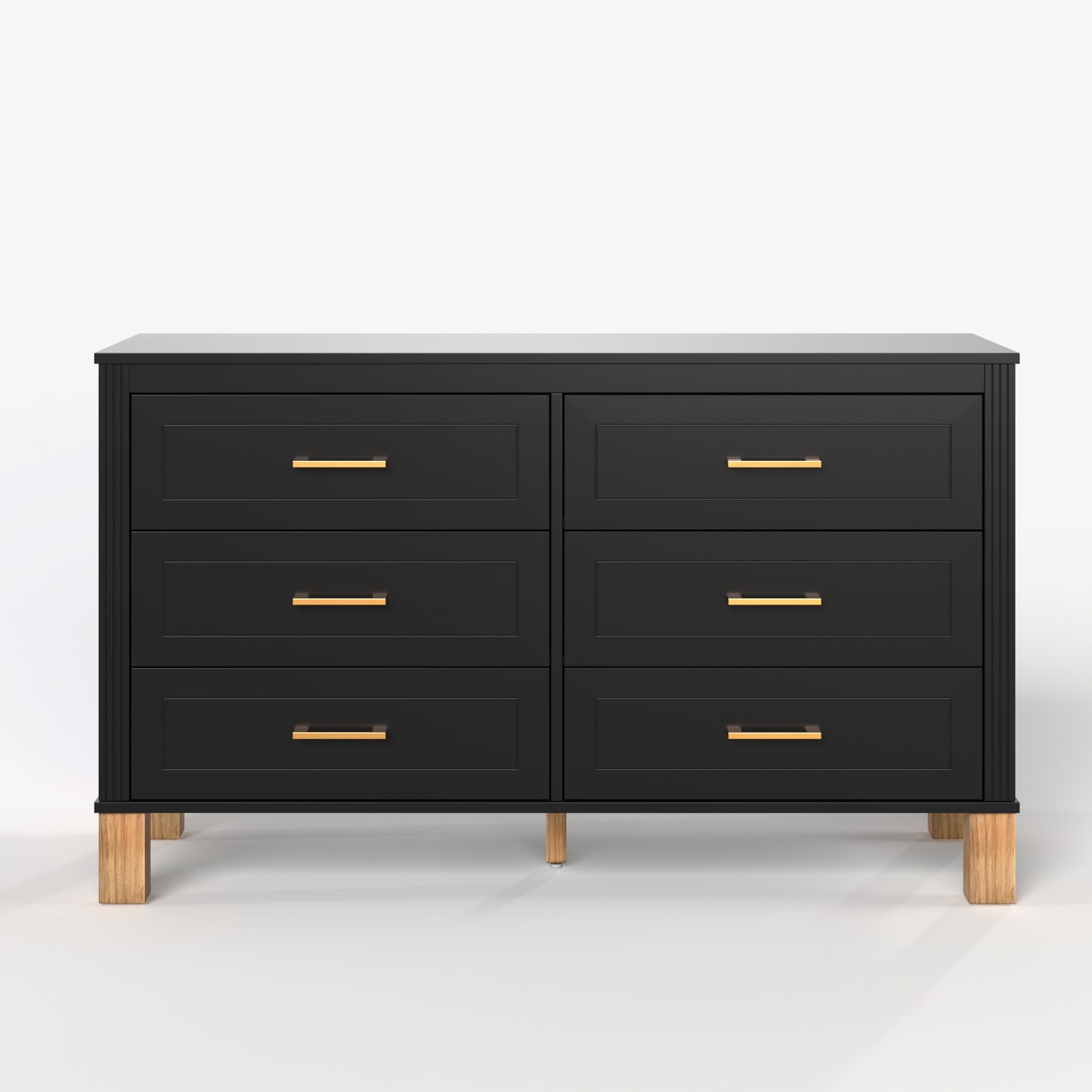 Modern 6-Drawer Double Dresser with Metal Handles and Solid Wood Legs, Black Finish, Solid Wood and MDF Construction, 47.24'L x 17.72'W x 29.92'H
